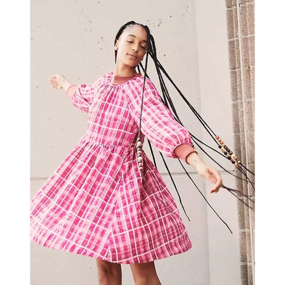 NWT Madewell pink plaid tie neck gauzey dress size Large
